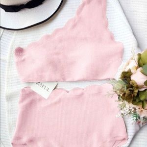 High Waisted Scalloped One Shoulder Bikini Set